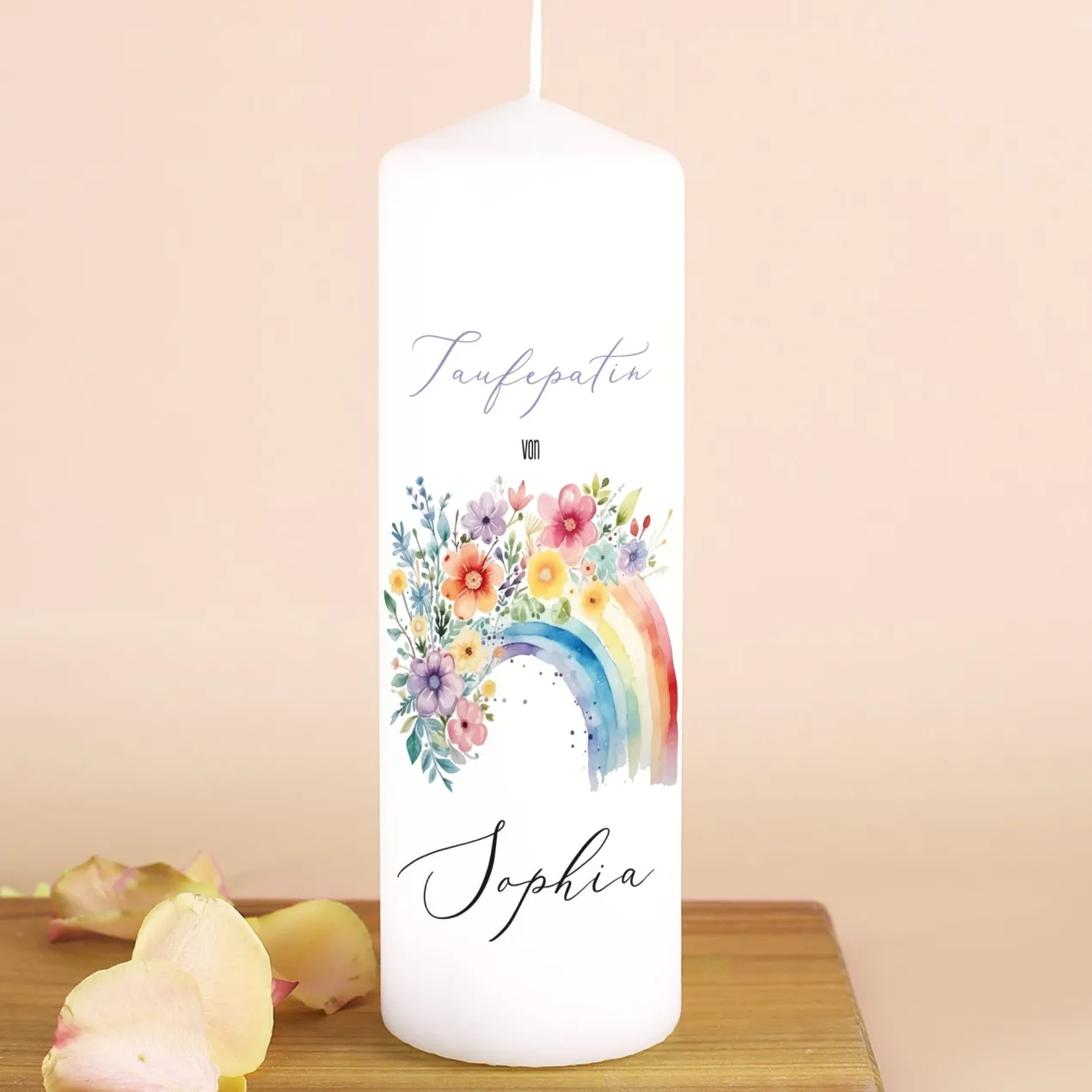 Personalisierte Kerze zur Konfirmation, Kommunion, Taufe, Jugendweihe | Blumen-Regenbogen Motiv