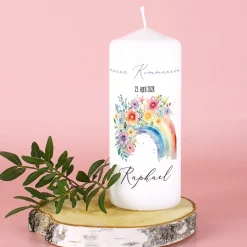 Personalisierte Kerze zur Konfirmation, Kommunion, Taufe, Jugendweihe | Blumen-Regenbogen Motiv