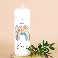 Personalisierte Kerze zur Konfirmation, Kommunion, Taufe, Jugendweihe | Blumen-Regenbogen Motiv