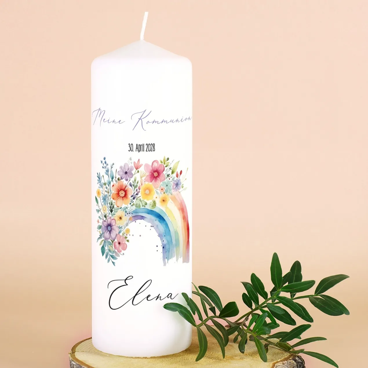 Personalisierte Kerze zur Konfirmation, Kommunion, Taufe, Jugendweihe | Blumen-Regenbogen Motiv