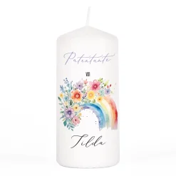 Personalisierte Kerze zur Konfirmation, Kommunion, Taufe, Jugendweihe | Blumen-Regenbogen Motiv