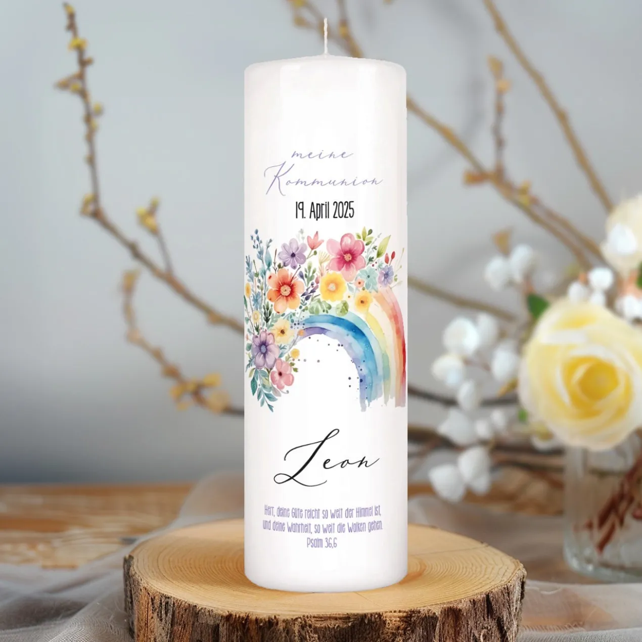 Personalisierte Kerze zur Konfirmation, Kommunion, Taufe, Jugendweihe | Blumen-Regenbogen Motiv