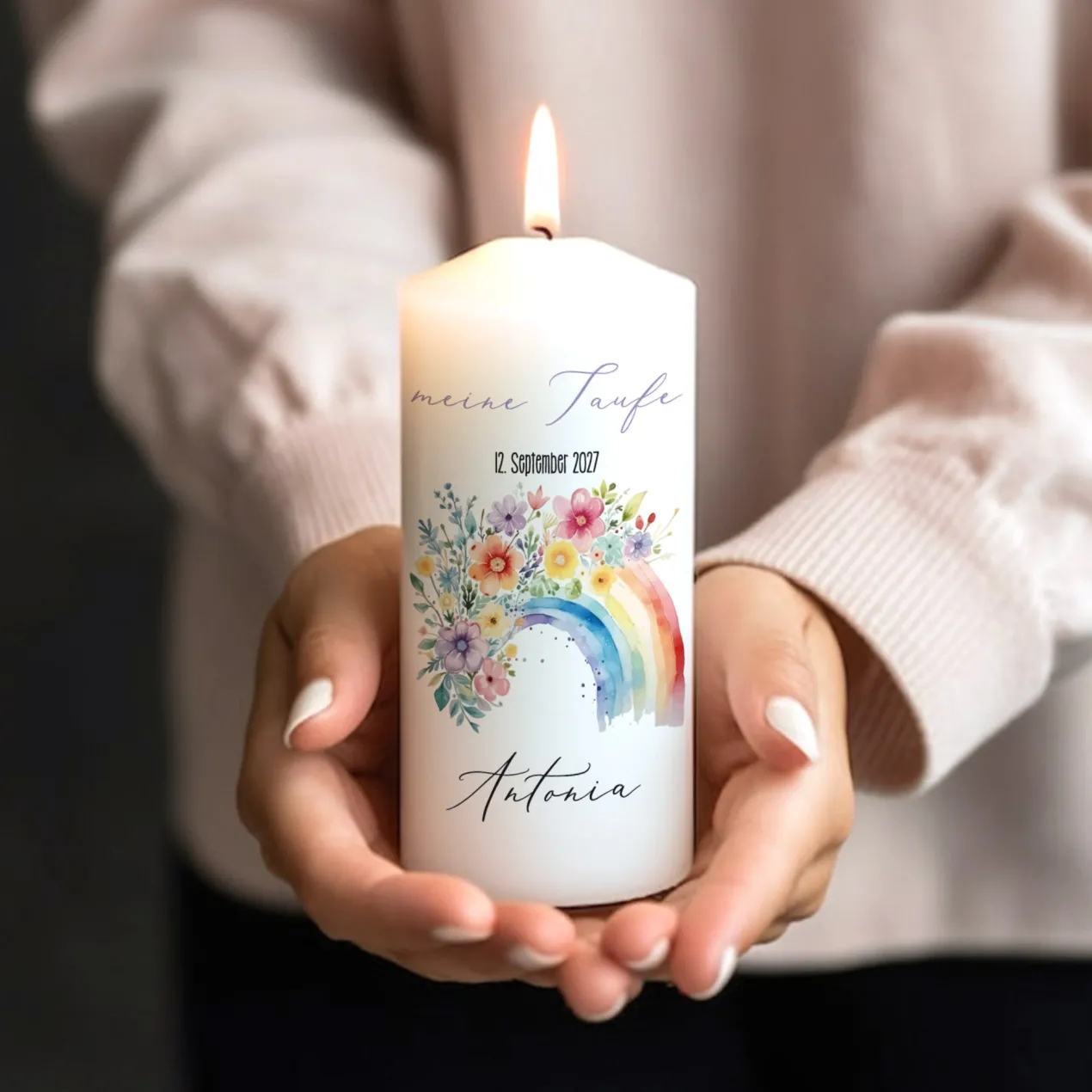 Personalisierte Kerze zur Konfirmation, Kommunion, Taufe, Jugendweihe | Blumen-Regenbogen Motiv