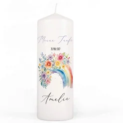 Personalisierte Kerze zur Konfirmation, Kommunion, Taufe, Jugendweihe | Blumen-Regenbogen Motiv
