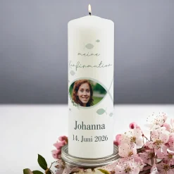 Personalisierte Kerze zur Konfirmation, Kommunion & Taufe mit Foto | Ichthys Motiv