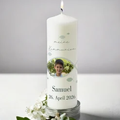 Personalisierte Kerze zur Konfirmation, Kommunion & Taufe mit Foto | Ichthys Motiv