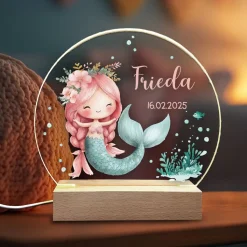 Personalisierte Kinder-Nachtlampe - Meerjungfrau mit Blumen - LED Licht für Mädchen