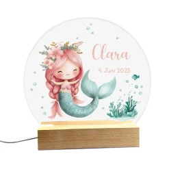 Personalisierte Kinder-Nachtlampe - Meerjungfrau mit Blumen - LED Licht für Mädchen