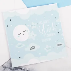 Personalisierte Klappkarte zur Geburt für Jungen – Mond & Sterne | Glückwunschkarte & Geldgeschenk