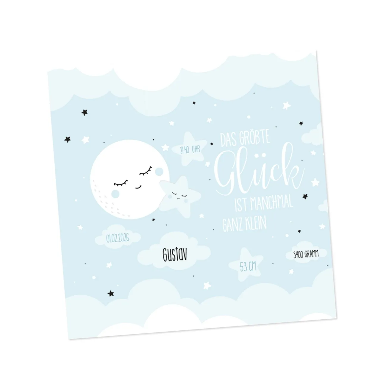 Personalisierte Klappkarte zur Geburt für Jungen – Mond & Sterne | Glückwunschkarte & Geldgeschenk
