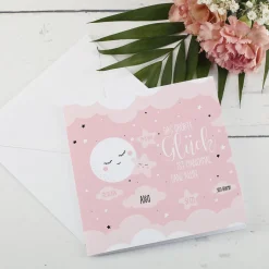 Personalisierte Klappkarte zur Geburt für Mädchen – Mond & Sterne | Glückwunschkarte & Geldgeschenk