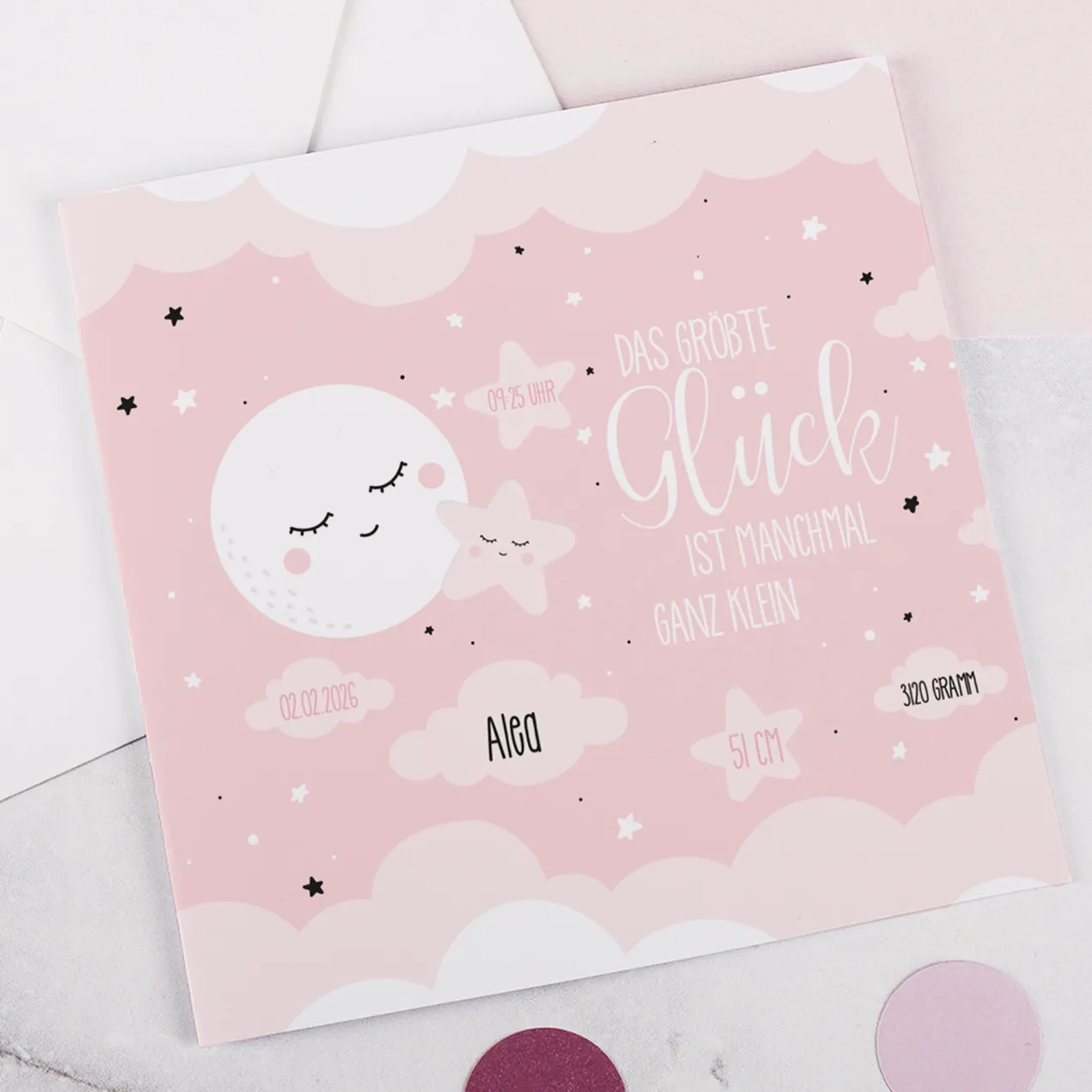 Personalisierte Klappkarte zur Geburt für Mädchen – Mond & Sterne | Glückwunschkarte & Geldgeschenk