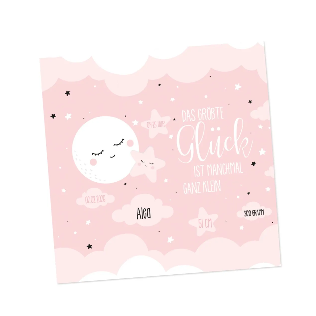 Personalisierte Klappkarte zur Geburt für Mädchen – Mond & Sterne | Glückwunschkarte & Geldgeschenk