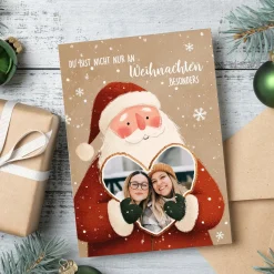 Personalisierte Klappkarte zu Weihnachten mit Fotos & Wunschtext | Weihnachtsmann mit Herz