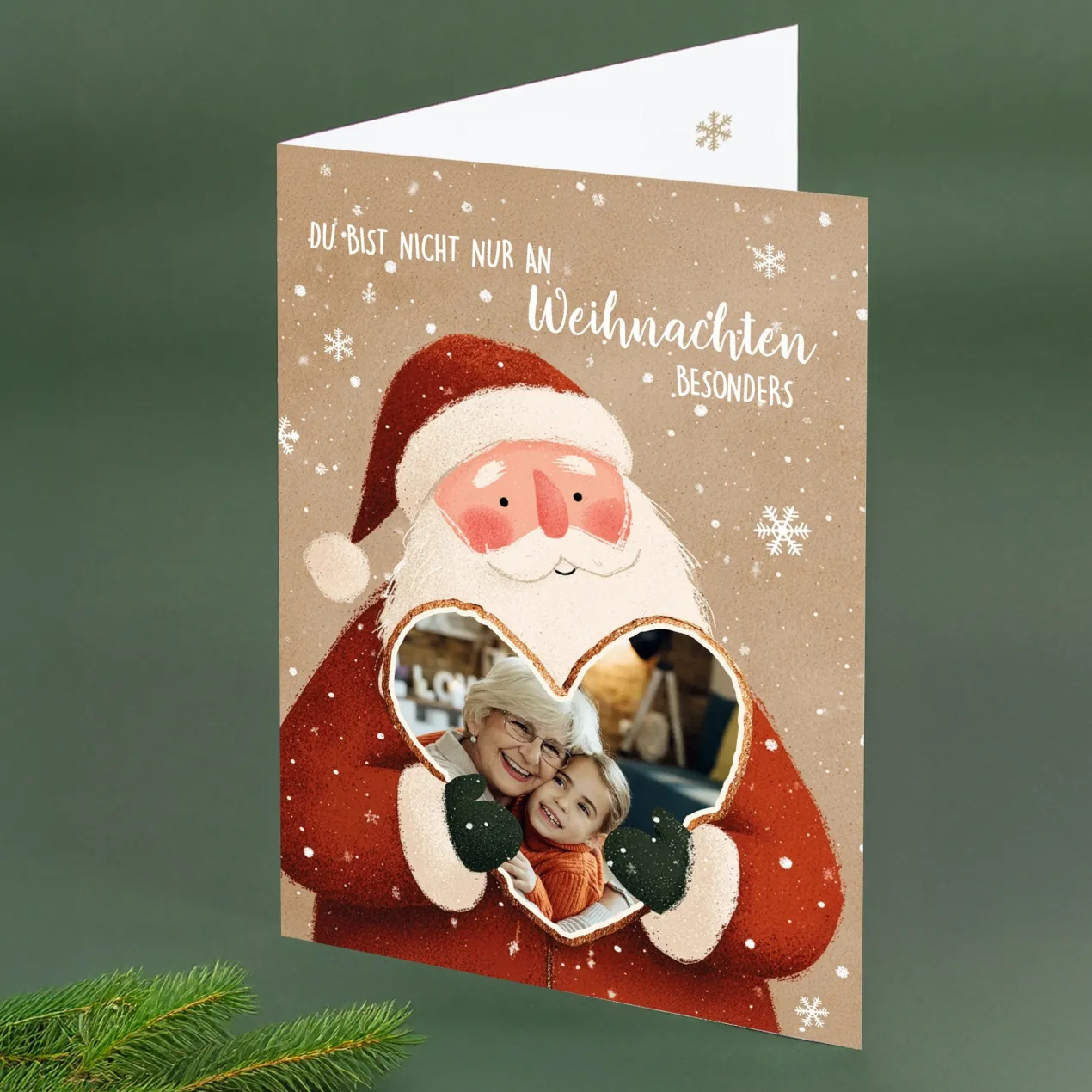 Personalisierte Klappkarte zu Weihnachten mit Fotos & Wunschtext | Weihnachtsmann mit Herz