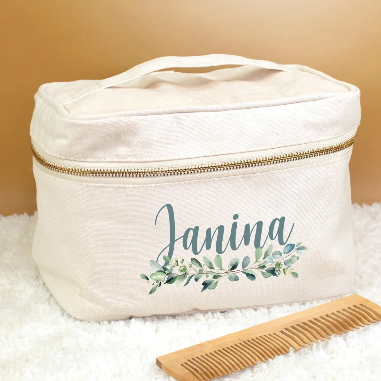 Personalisierte Kosmetiktasche mit Name & Zweig | Kulturbeutel aus Baumwolle als Geschenk