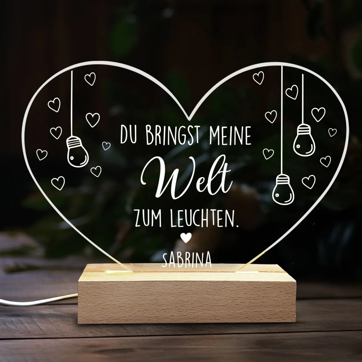 Personalisierte LED Acryl-Lampe Herz mit Namen zum Valentinstag | Du bringst meine Welt zum Leuchten