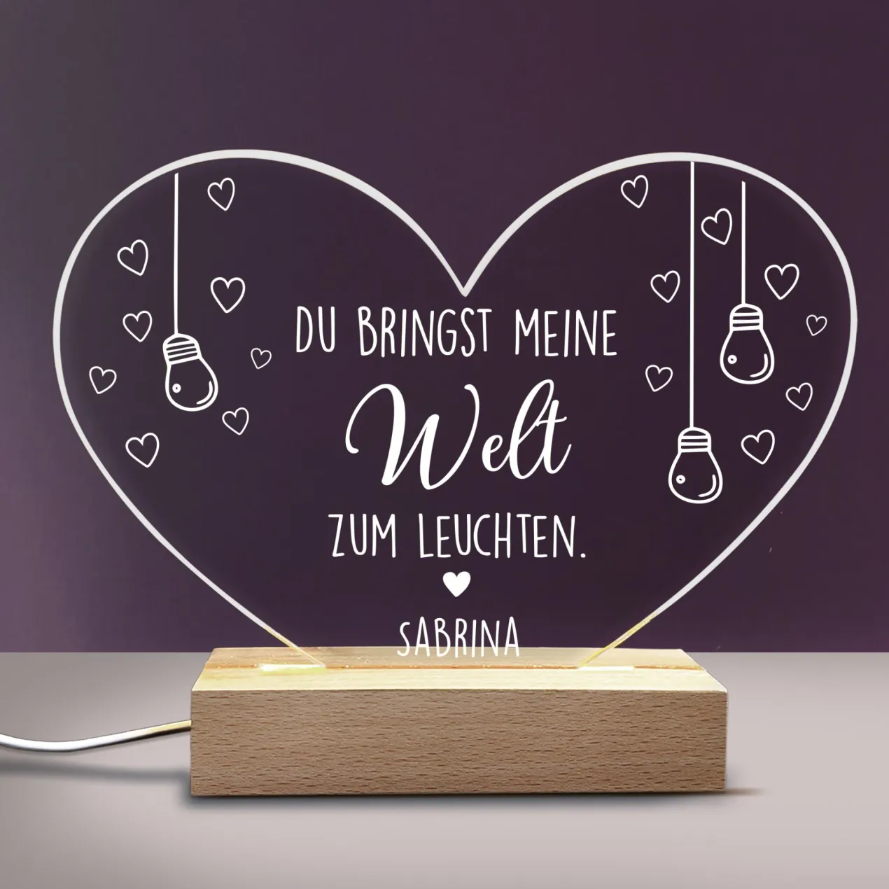 Personalisierte LED Acryl-Lampe Herz mit Namen zum Valentinstag | Du bringst meine Welt zum Leuchten
