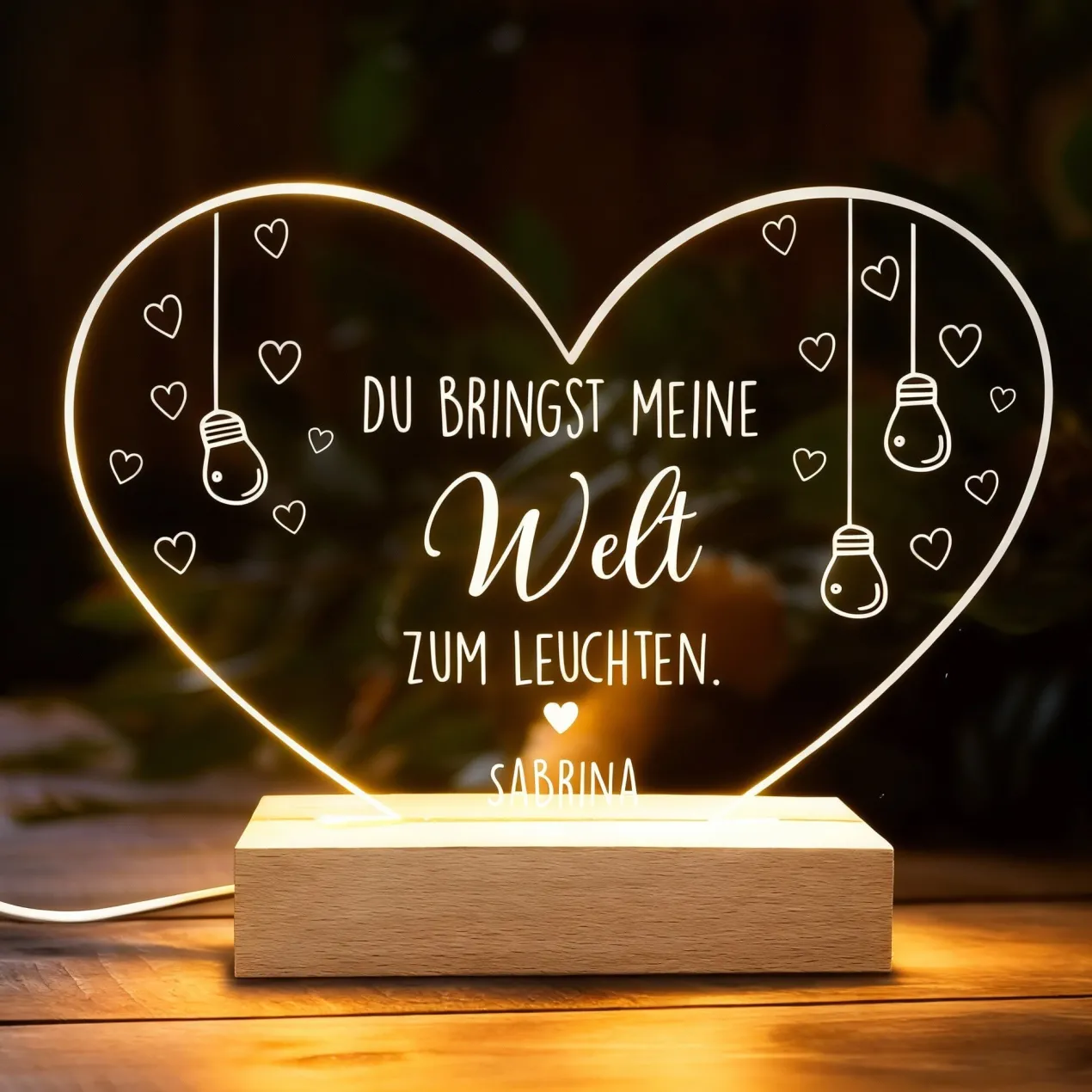 Personalisierte LED Acryl-Lampe Herz mit Namen zum Valentinstag | Du bringst meine Welt zum Leuchten