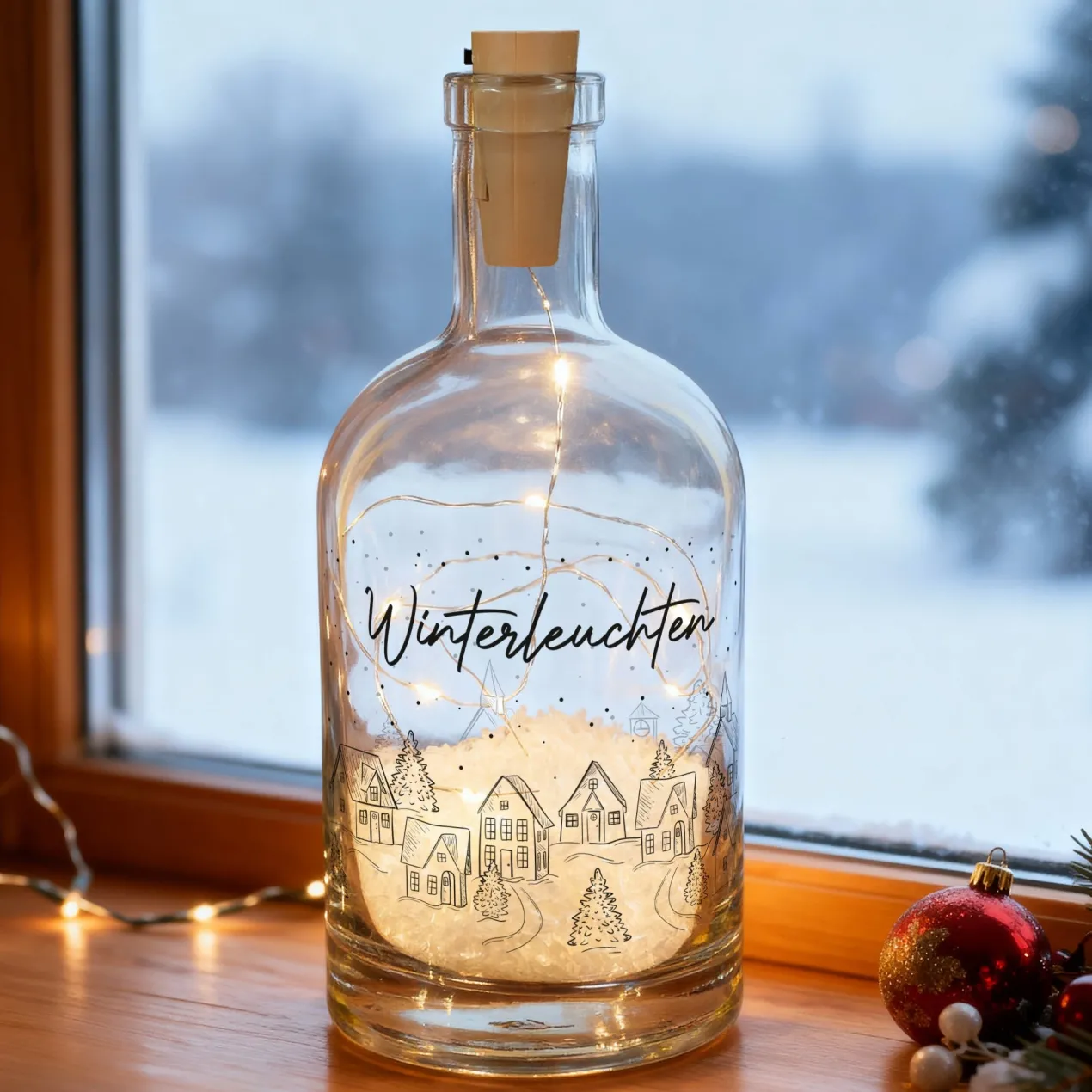 Personalisierte LED Deko-Karaffe 'Winterleuchten' mit Winterdorf & Wunschtext | Weihnachtsgeschenk