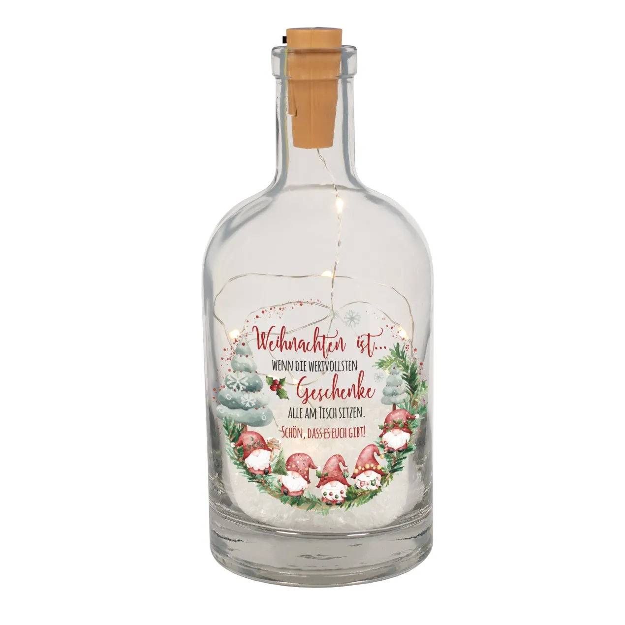 Personalisierte LED Deko-Karaffe mit Wichtelmotiv & Wunschtext | Verschneite Weihnachtsdeko im Glas