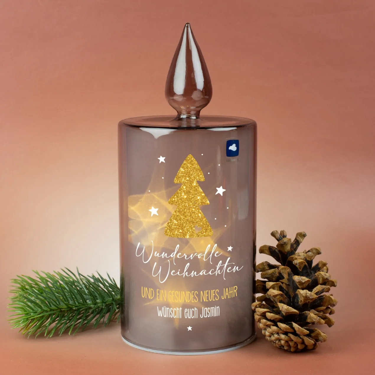 Personalisierte LED Glaskerze von Leonardo 'Wundervolle Weihnachten' mit Wunschtext und Timerfunktion