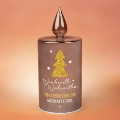 Personalisierte LED Glaskerze von Leonardo 'Wundervolle Weihnachten' mit Wunschtext und Timerfunktion
