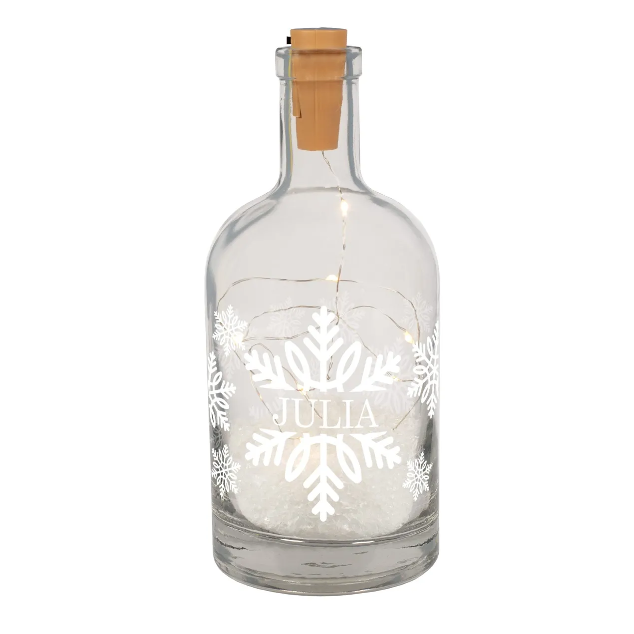 Personalisierte LED-Karaffe mit Schneeflocken, Kunstschnee & Name | Weihnachtslicht und Dekoration