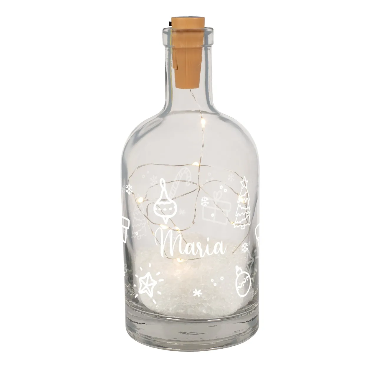 Personalisierte LED-Karaffe mit Schnee-Effekt und Ornamenten | Weihnachtsdeko & Geschenk mit Name