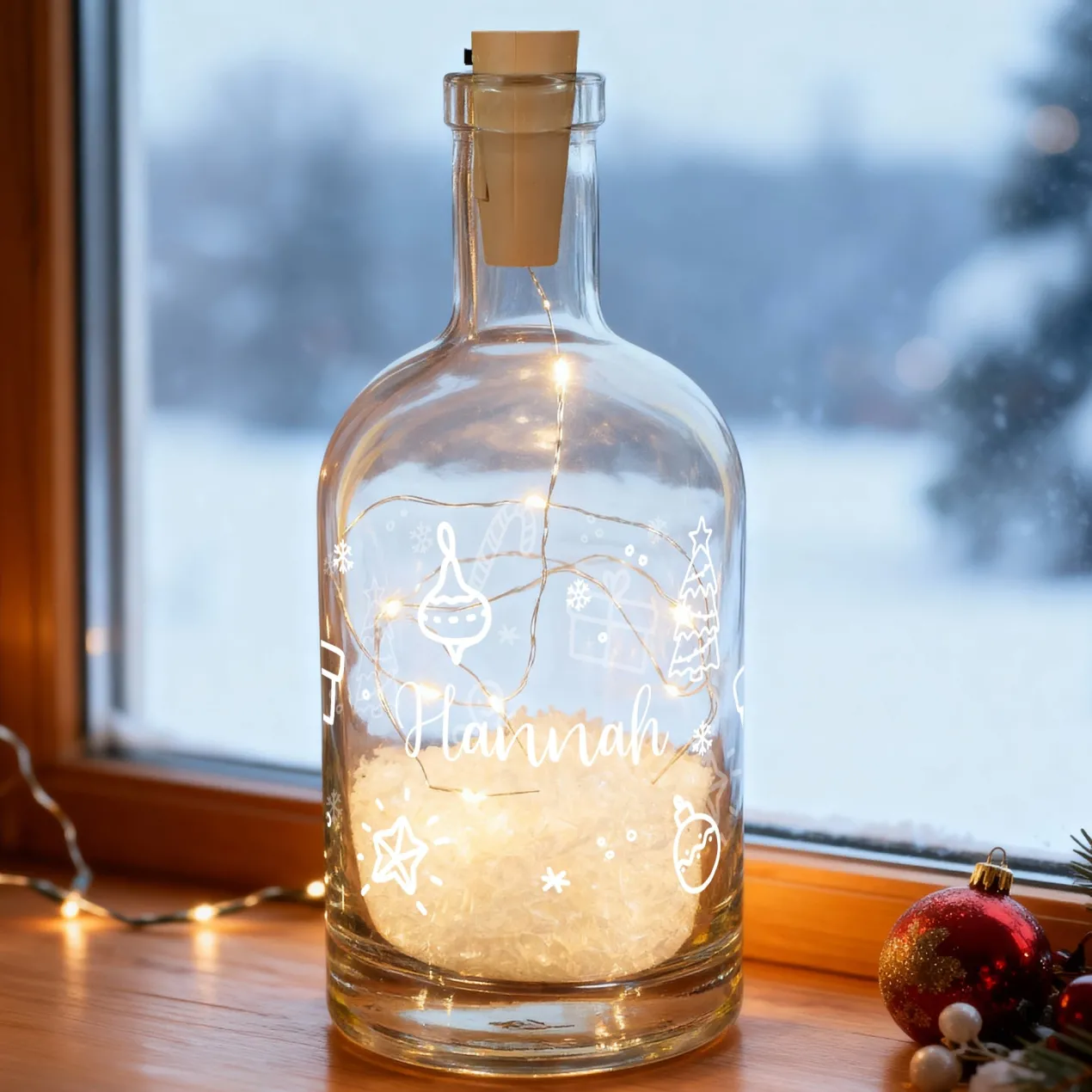 Personalisierte LED-Karaffe mit Schnee-Effekt und Ornamenten | Weihnachtsdeko & Geschenk mit Name