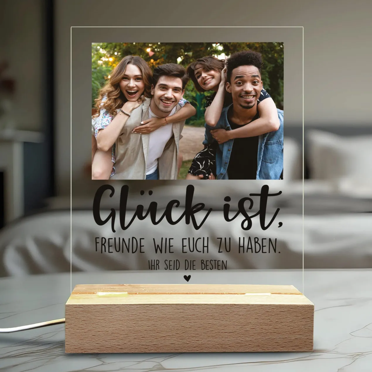 Personalisierte LED-Lampe mit Foto & Wunschtext | Glück ist