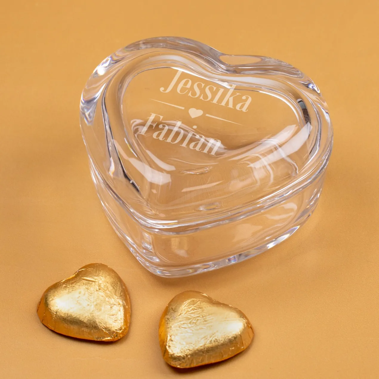 Personalisierte Leonardo-Glasdose in Herzform mit Namensgravur | Geschenk zur Hochzeit & Valentinstag