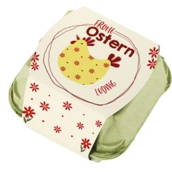 Personalisierte Löffeleier 'Frohe Ostern' mit Name im Karton | 4 gefüllte Schokoeier mit Huhn-Motiv