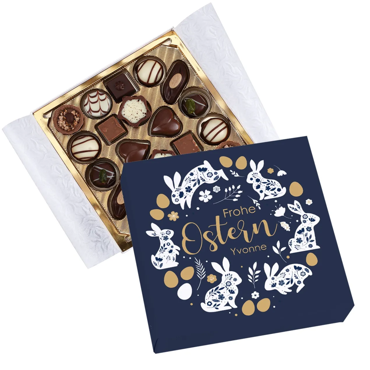 Personalisierte Lindt Pralinenbox mit Name zu Ostern | 100 g Mini Pralinés im edlen Hasen-Design