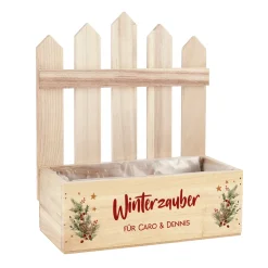 Personalisierte Pflanzkiste mit Zaun & Winterbouquet-Motiv zu Weihnachten | Geschenkkorb mit Wunschtext