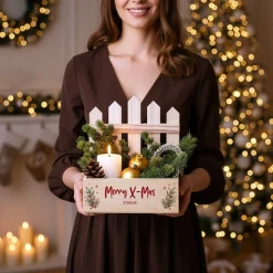 Personalisierte Pflanzkiste mit Zaun & Winterbouquet-Motiv zu Weihnachten | Geschenkkorb mit Wunschtext