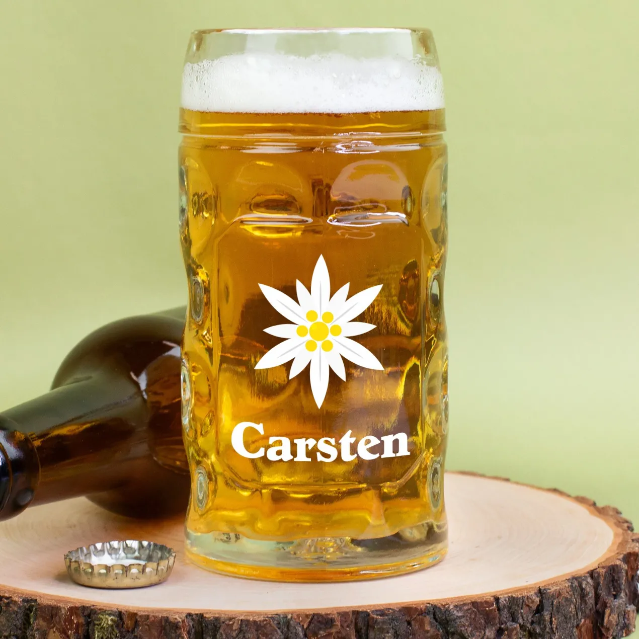Personalisierter Bierseidel mit Name und Edelweiß Motiv | Maßkrug 1l, Bierkrug 500ml & Schnapsglas