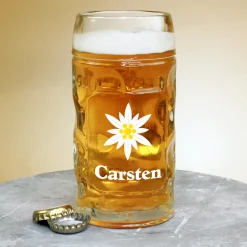 Personalisierter Bierseidel mit Name und Edelweiß Motiv | Maßkrug 1l, Bierkrug 500ml & Schnapsglas