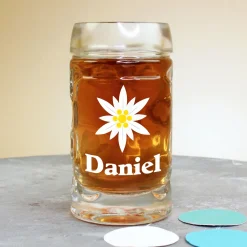Personalisierter Bierseidel mit Name und Edelweiß Motiv | Maßkrug 1l, Bierkrug 500ml & Schnapsglas
