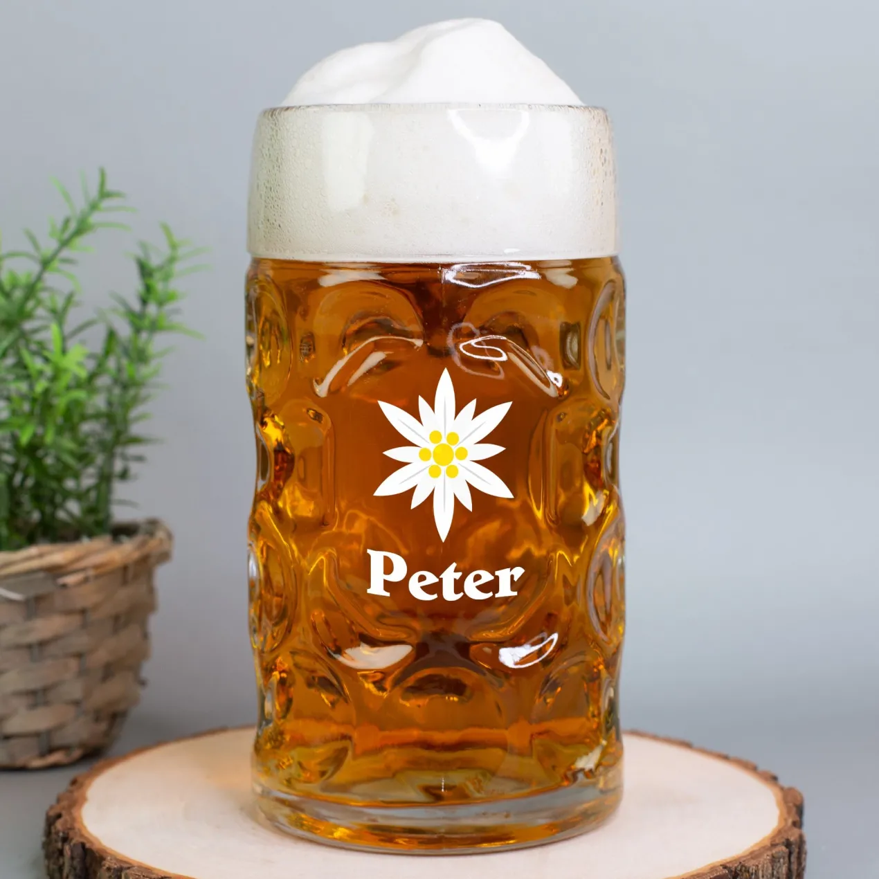 Personalisierter Bierseidel mit Name und Edelweiß Motiv | Maßkrug 1l, Bierkrug 500ml & Schnapsglas