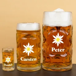 Personalisierter Bierseidel mit Name und Edelweiß Motiv | Maßkrug 1l, Bierkrug 500ml & Schnapsglas