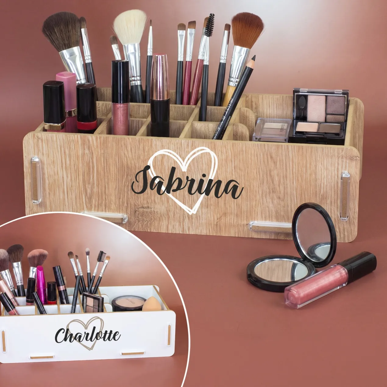Personalisierter clipfritz Make up Organizer aus Holz | Kosmetik Aufbewahrung mit Name