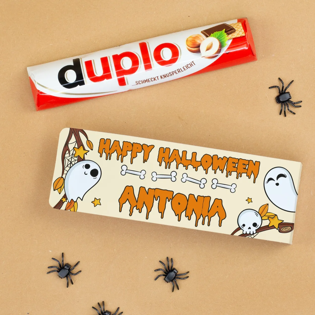 Personalisierter duplo Riegel als Geschenk zu Halloween | Schokoriegel mit Name 'Happy Halloween'