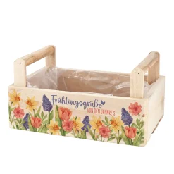 Personalisierter Geschenkkorb & Pflanzkiste 'Frühlingsgrüße' aus Holz mit Wunschtext | 3 Varianten
