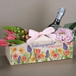 Personalisierter Geschenkkorb & Pflanzkiste 'Frühlingsgrüße' aus Holz mit Wunschtext | 3 Varianten
