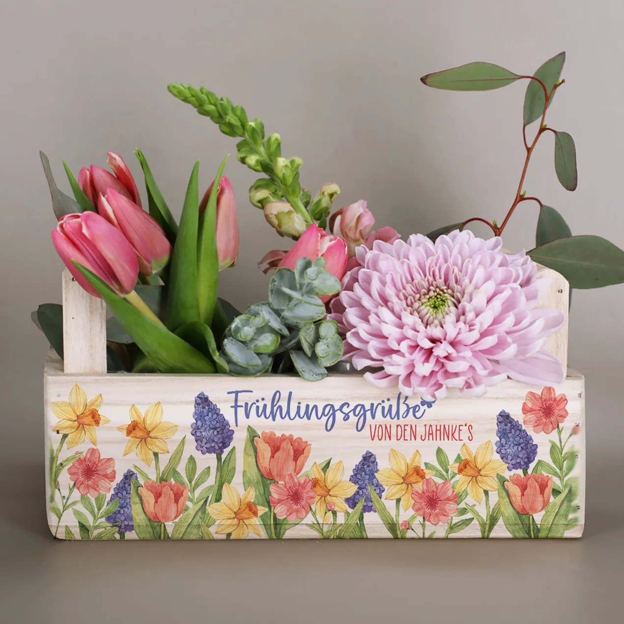Personalisierter Geschenkkorb & Pflanzkiste 'Frühlingsgrüße' aus Holz mit Wunschtext | 3 Varianten