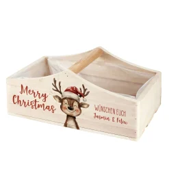 Personalisierter Geschenkkorb aus Holz zu Weihnachten mit Rentier | Pflanzkiste 'Merry Christmas'
