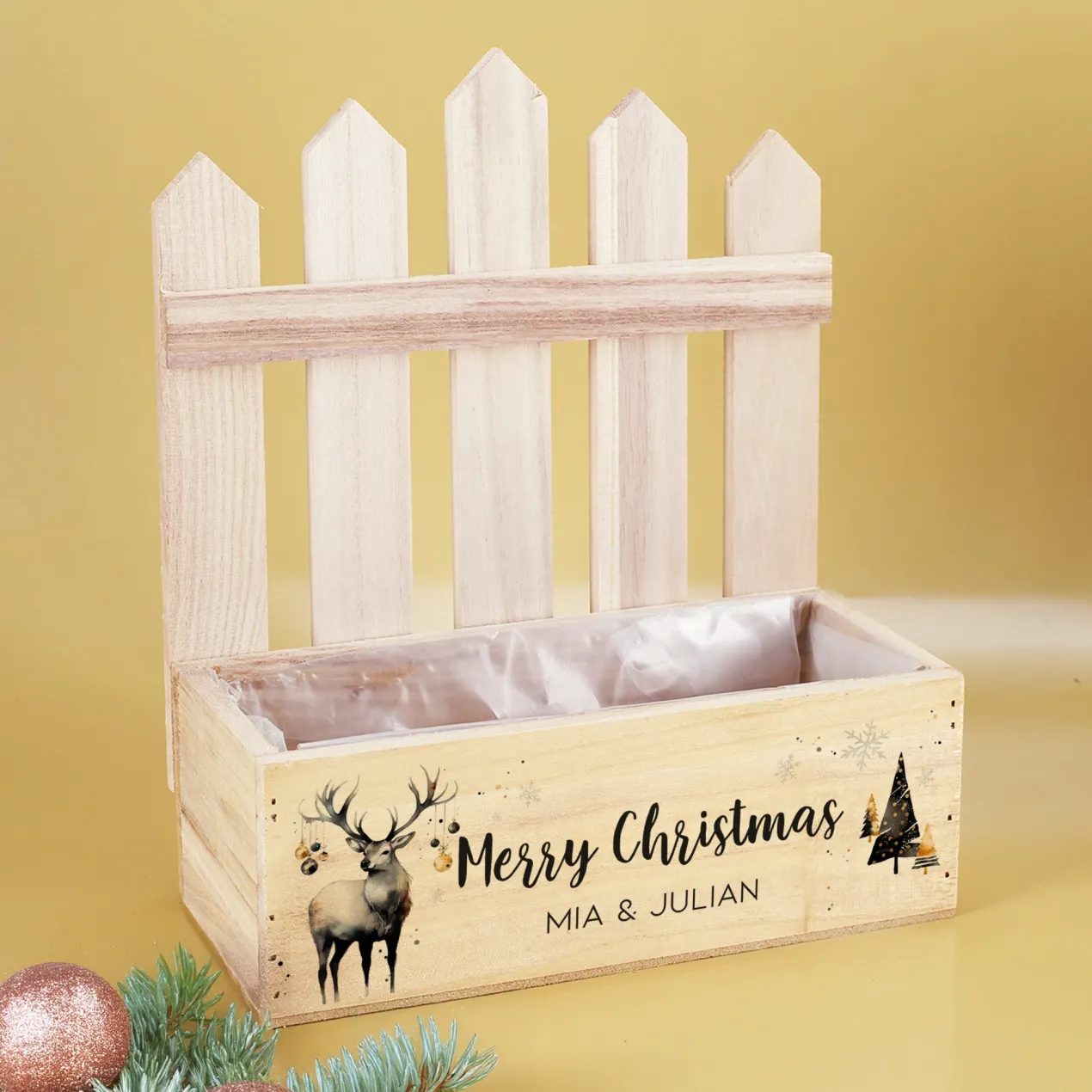 Personalisierter Geschenkkorb mit Wunschtext & Hirschmotiv zu Weihnachten – Pflanzkorb mit Zaun