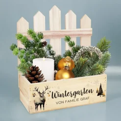 Personalisierter Geschenkkorb mit Wunschtext & Hirschmotiv zu Weihnachten – Pflanzkorb mit Zaun