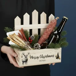 Personalisierter Geschenkkorb mit Wunschtext & Hirschmotiv zu Weihnachten – Pflanzkorb mit Zaun